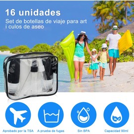 Kit de Viaje, Set de 16 Travel Essentials, 4 Botellas de Viaje 90ml Avion para Champú/ Acondicionador/ Loción/ Lavado Corporal, Viaje Accesorios Anti Fugas, Recipientes para Viaje de Silicon