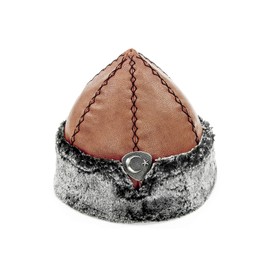 Miss Tesettür Turkish Ottoman Bork Hat, Ertugrul Leather Fur Winter Cap, Moon and Star, Grey Faux Fur and Brown Faux Leather
