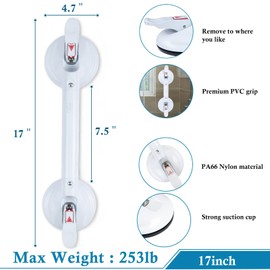 HEINSY 17inch Suction Shower Grab Bar, Portable Shower Handle Bar Suction Grip Bar Bathtub Handle with Strong Hold Suction Cup Fitting and Rapid Release for Bathroom(Max Capacity :253lb）