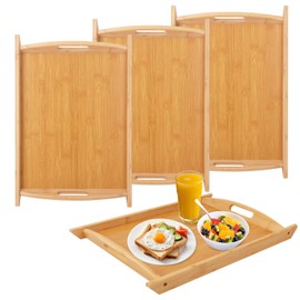 Geytetqi 4 Pack 17.3 Inch Large Bamboo Serving Tray with Handle, Decorative Bamboo Breakfast Tray for Breakfast, Kitchen, Outdoor Picnic, Snack (17.3 x 12 x 1.2 Inch)