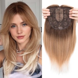 S-noilite 14inch Hair Toppers for Women with Bang Long Straight Clip in HairPieces for Women with Thinning Hair Add Volume Mixed Blonde to White with Dark Root