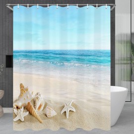 JAWO - Cortina de ducha de playa, cortinas de ducha azules para baño, olas tropicales del océano, conchas, escenario de estrellas de mar, cortina de ducha para decoración de baño, 60 x 72 pulgadas