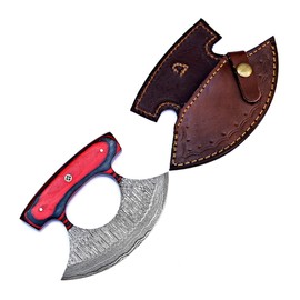 ZN CRAFTS Handcrafted Damascus Steel Alaskan Ulu Knife wisth Leather Sheath | Traditional Multi-Purpose Rocker Blade for Pizza Cutting, Chopping, Kitchen & Outdoor Use