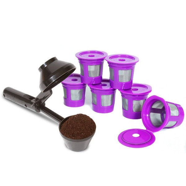 Paquete de 2 artículos: paquete de 6 filtros de café reutilizables de taza K + EZ-Scoop 2 cucharadas de café con embudo integrado, cápsula de café recargable para uso con Keurig y cafetera selecta de taza individual