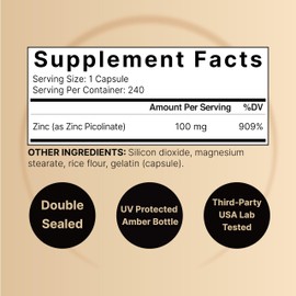 High Potency Zinc Picolinate 100mg - 240 Capsules, Bioavailable Form of Zinc for Immune Support and Skin Health - Non-GMO and Gluten