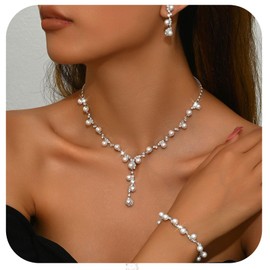 KEUKORZ 3 Pcs Pearl Jewelry Set for Prom Wedding Jewelry Sets for Women Pearl Necklace Sets Elegant Necklace Dangle Earrings Bracelets Set for Prom Adjustable Size