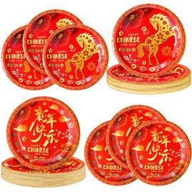 100 Pcs 2026 Chinese New Year Paper Plates Year of The Horse Party Supplies 7 Inch Red Gold Foil Disposable Dinnerware for Spring Festival Celebration Festivel Table Decorations