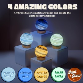 JupiGlow Jupiter Orange Night Light Glass Bedside with Wooden Base 3 Modes - Dimmable Swirl Planet Table Lamp for Bedroom Nightstand, Desk Lamp for Living Room, Office, Kids Room, Nursery