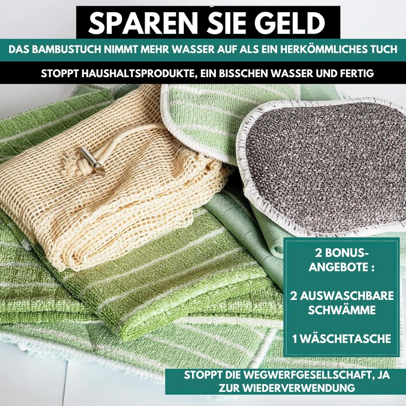11 Bamboo Microfibre Cloths XXL, Washable Sponges + Bag, Premium
