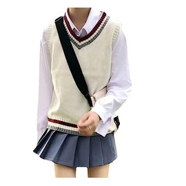 Qianqian Women's Knit Vest, V Neck, School Style, Color Line, School Vest, Girls, Students, Uniform, School Sweater, Sleeveless, For School, Solid, Loose, Casual, white