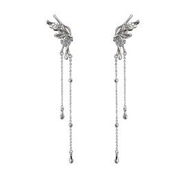 QYHH052 Ear Cuffs, Ear Cuffs, Earrings, Ear Bone Clip, Left & Right Set, Pair with Swing, Chain, Large, Hypoallergenic, Silver, Cosplay, Spirit, Elf, Fairy, Silver