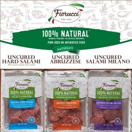 Fiorucci All Natural Uncured Antipasti Italian Sampler Pack, Hard Salami, Abruzzese and Salami Milano, No Nitrites & Antibiotic Free Pork, 18 Oz (Pack of 1)
