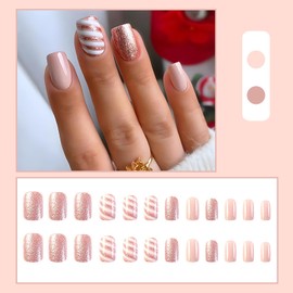 24 Pcs Christmas Square Press on Nails Medium Length Fake Nails Pink Glitter False Nails with Christmas Designs Full Cover Artificial Nails Acrylic Nails Glossy Glue on Nails Christmas Nails for Woman