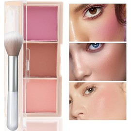 Paleta de Colorete de 3 Colores, Rubor Facial Con Brillo Brillante y Mate, Pincel Incluido, Maquillaje Profesional Para Contorno y Resaltado          