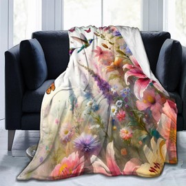 VODRM Retro Hummingbird Floral Blanket Gifts for Women Soft Warm Lightweight Cozy Flower and Birds Vintage Throw Blankets for Bed Living Room Sofa Couch Valentines Day Decor 50x60in