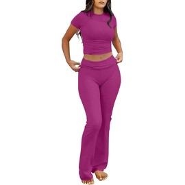 ANRABESS Lounge Sets for Women 2 Piece Foldover Yoga Flare Leggings Pants Crop Tops Casual Y2K Outfits Matching Tracksuit Set Hot Pink Large