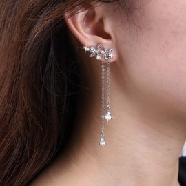 Inateannal Boho Crystal Flower Ear Climber Earrings Silver Tears Rhinestone Drop Earrings Long Crystal Chain Tassel Earrings CZ Flower Crawler Stud Earrings Jewellery for Women and Girls, Zinc, No