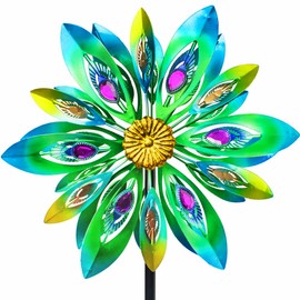 VEWOSTAR 53 Inch Wind Spinner - Outdoor Metal Peacock Wind Sculptures for Garden, Patio, Yard, Lawn Decorations Double Windmill Spinner