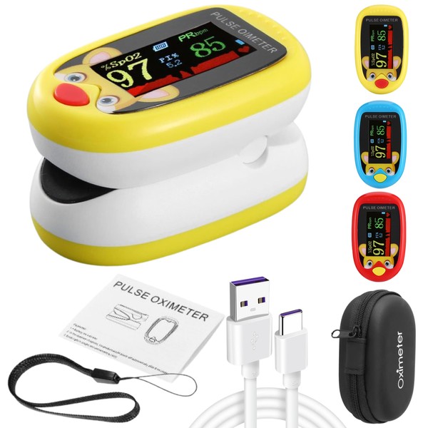 Pediatric Pulse Oximeter CE FCC Approved Heart Rate Stats Monitor Kids Finger Blood Oxygen Saturation Monitoring NHS Children SpO2 Levels TFT Lanyard & USB (Yellow Kids Pulse Oximeter)