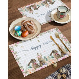 Rabbits Flowers Easter Placemats Set of 6, Eucalyptus Leaf Spring Heat Resistant Washable Dining Table Mats Grey White Buffalo Plaid Farmhouse Holiday Decor for Kitchen&Table Linens Outdoor Indoor