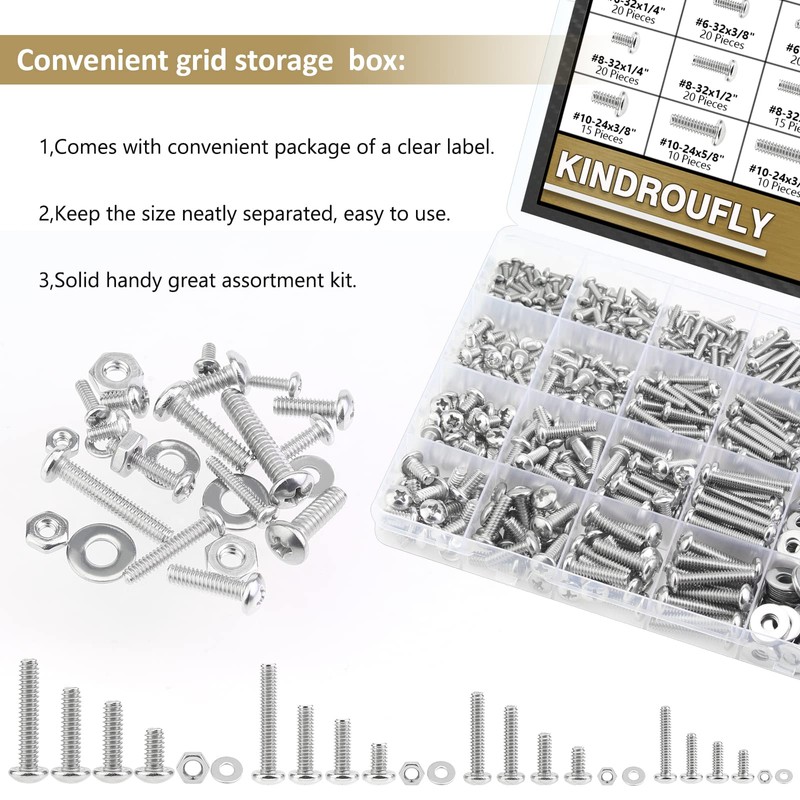 Kindroufly 722 Pieces #4-40#6-32#8-32#10-24, Phillips Pan Head Machine Screws Nuts