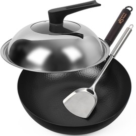 Souped Up Recipes 13.4 Inch Carbon Steel Wok For Electric, Induction and Gas Stoves (Lid, Spatula and User Guide Video Included)
