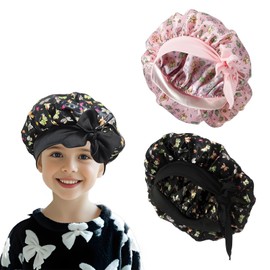 Kinder Satin Haarhaube, 2-teilige weiche Satin justierbare Schmetterling Schwarz Rosa Mütze Leicht Tragen Sie Haar Kappe für Schlafen Make Up Waschen Gesicht