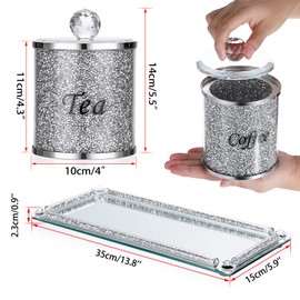 JUXYES Set of 4 Sparky Glass Crushed Diamonds Canisters Set for Sugar Coffee Tea Features Tray, Luxurious Storage Containers Sets with Lids Decorative Storage Pots for Kitchen Counter Dining Room