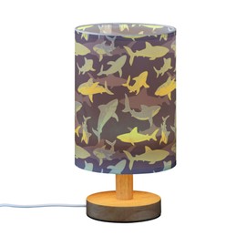 YYZZH Table Lamp Shark Underwater Pattern Nightstand Lamp with Wood Base Fabric Lamp Shade Bedside Desk Lamp for Living Room Bedroom Kids Room Office