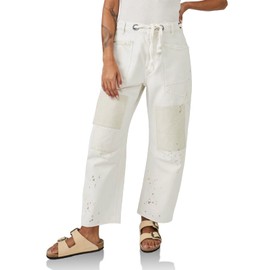 PLNOTME Womens Baggy Barrel Horseshoe Jeans Wide Leg Patchwork Low Rise Denim Pants with Pockets White