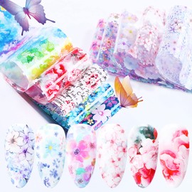 TBRZTR Flowers Nail Foil Transfer Stickers, 10 Sheets Acrylic Material Decals for DIY Fingernail Charms Decorations, Multi Color, Floral Pattern