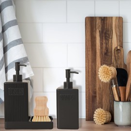 Karisky Soap Dispenser with Tray, 2 Pack Ceramic Dish and Hand Soap Dispenser Set with Funnel, Non-Slip Silicone Pads, Modern Refillable Liquid Bottles for Kitchen, Bathroom, Matte Black