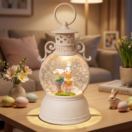 Easter Snow Globe Lantern, 9.4" Bunny Couple Lighted Snow Lantern with 6-Hour Timer, Battery or USB Powered, Spring Easter Decorations for Home, Easter Gift & Indoor Decor