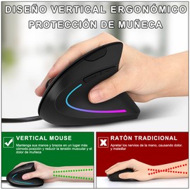 MOYAC Mouse Ergonómico Alarmbrico con 6 Botones, Mouse RGB Silencioso Click con Protección de Muñeca, dpi Ajustable (800/1200/2000/3200), Interfaz USB para Windows, Mac (Negro)