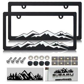 NJNYLLC Mountain License Plate Frames - Plastic Car Tag Holders with Raised Mountain Design, White on Black, 2 Pack 2 Hole with Screws & Caps, Mountain Vinyl Sticker Included