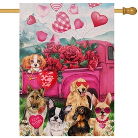 Dyrenson Valentine's Day Pink Rose Daisy Flower Red Truck Dogs Decorative House Flag, Polka Dots Floral Garden Yard Buffalo Plaid Heart Outside Love Decoration,Spring Holiday Outdoor Large Decor 28x40