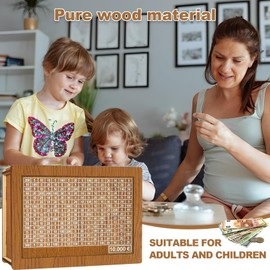 Money Box with Counter, Reusable 10,000 Euro Money Box with Numbers Checks, Wooden Money Box for Adults, Girls, Boys, Birthday Favours