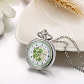JewelryWe Pocket Watch Men Women Classic Green Luminous Dial Analogue Quartz Watch with Necklace Waist Chain Silver Gift, Silver - Clover, Festive Occasions