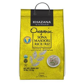 Organic Sona Masoori Rice by Khazana in 10 lb Bag - Aromatic and Flavorful Indian Grain - Non-GMO, Gluten Free, Kosher, Cholesterol Free
