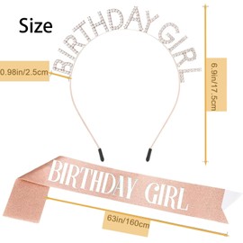HZZXCH 1 Piece Birthday Girl Sash and Tiara Set Rose Gold Rhinestone Crown Headband Birthday Girl Satin Sash Birthday Party Decoration for Girls Women Happy Birthday Accessories