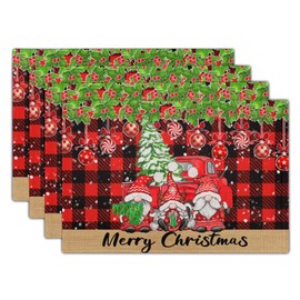 Juego de 4 manteles individuales de invierno, 12 x 18 pulgadas, diseño de árbol de Navidad, gnomo, camión, mesa de comedor, color rojo, negro, a cuadros, rectangular, decoración de mesa, para fiestas