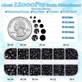 12000Pcs Resin Rhinestones for Bedazzling with 3Pcs B7000 Jewelry Glue, 2 Boxes Black Flatback Rhinestones for Crafting Crafts DIY, Crystals Gems for Clothing Shoes Tumblers Nail Art Makeup