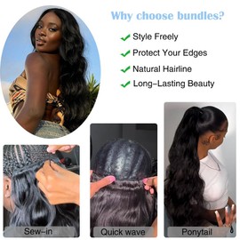 Lemoda Human Hair Bundle 100% Unprocessed Body Wave 30 Inch 1 Bundle 15A Raw Human Hair Extensions Quick Weave Bundles Remy Hair Natural Black