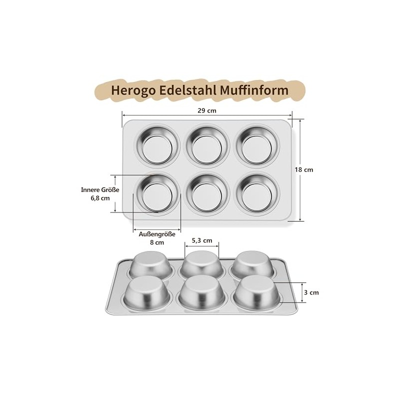 Herogo Stainless Steel Muffin Baking Mould for 6 Muffins, 29