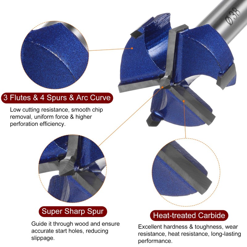 sourcing map Forstner Drill Bit 38mm (1-1/2") Tungsten Carbide 3