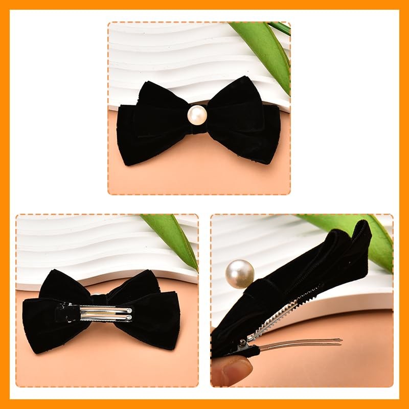 Black Velvet Hair Bow Clips Small Pearl Bow-Knot Hair Clips