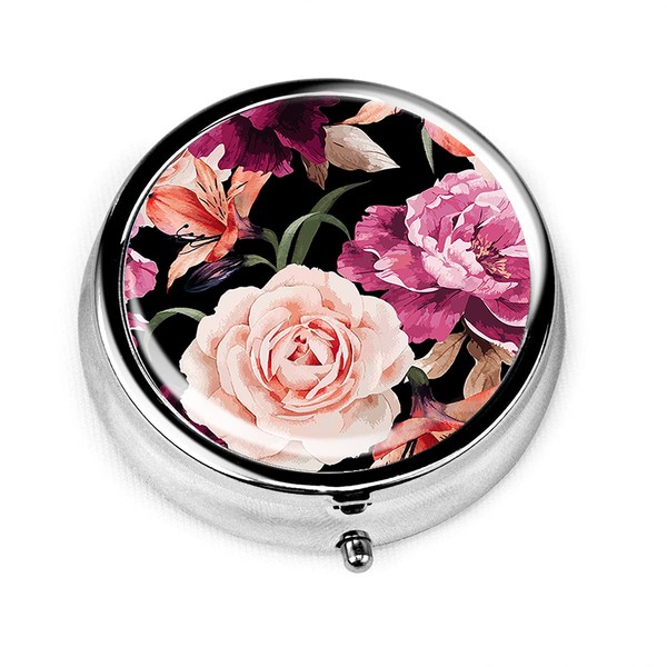 NUGGHU Round Metal Medicine Pill Box,Pocket Purse Portable Travel Pill Case with 3 Components,Cute Flower Travel Gifts(Black Rose Poney)