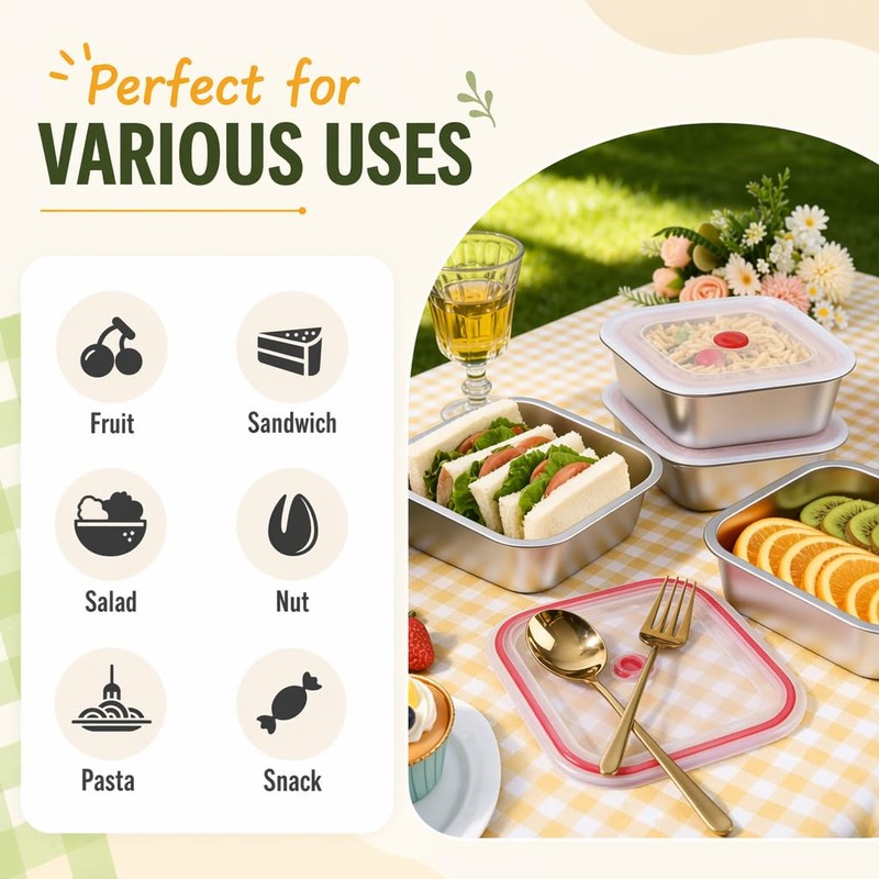 monoan 4 Pack Stainless Steel Sandwich Containers with Airtight Lids,