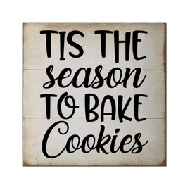 Tis The Season to Bake Cookies Wooden Sign Wall Plaque Merry and Bright Wood Block Plaque Vintage Wooden Wall Art Decorative for Women Office Bathroom Shelf Decor 12x12in