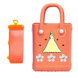 Mini Rubber Beach Bag with Strap, Bitty EVA Tote Bag with 6 Charms, Small Charms Crossbody Tote for the Beach Boat Pool Sports, Washable Open Tote Bag(orange)